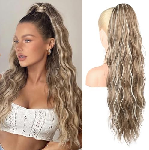 Brikabia Ponytail Extension, 66cm Lange Zopf Pferdeschwanz Haarverlängerung Beach Gewellt Natürliches Clip in Pferdeschwanz Haarteil Kunsthaar für Damen, Aschbraun mit Platin-Highlights