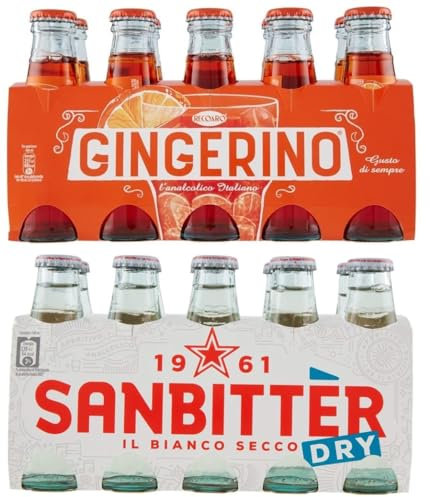 Lot de 20 sachets de test San Bitter Dry blanc + Gingerino Recoaro Boisson rafraîchissante sans alcool, apéritif italien, bouteille en verre jetable de 10 cl