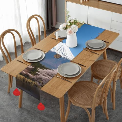 Mt. Fuji Tischläufer im Frühjahr, Leinen-Stil, Tischläufer für Esszimmer, rustikale Bauernhaus-Tischdekoration, Leinen, Tischdekoration für Feiertage, Partys, 35,6 x 152,4 cm