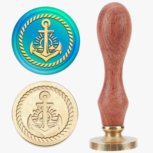 MAYJOYDIY Anker Wellenmotiv Sonnenuntergang Wachssiegelstempel 25mm Nautische Sommer Meereswellen Siegelwachsstempel Messing Abnehmbare Köpfe Holzgriff Zum Verpacken von Geschenken Umschlägen Briefen