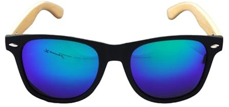 Rennec Nerd Sonnenbrille Polarisiert Grün Blau Verspiegelt Bambus Holz Bügel Retro Brille Schwarz Anglerbrille Hardcase
