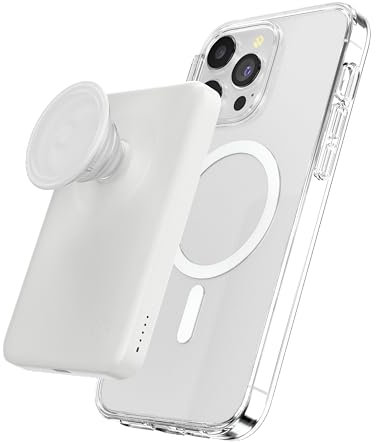 PopSockets PowerPack per MagSafe Power Bank magnetico, caricabatterie portatile per telefono, batteria wireless magnetica, 5000 mAh, per iPhone 16/15/14/13/12 Pro/Pro Max/Plus, bianco