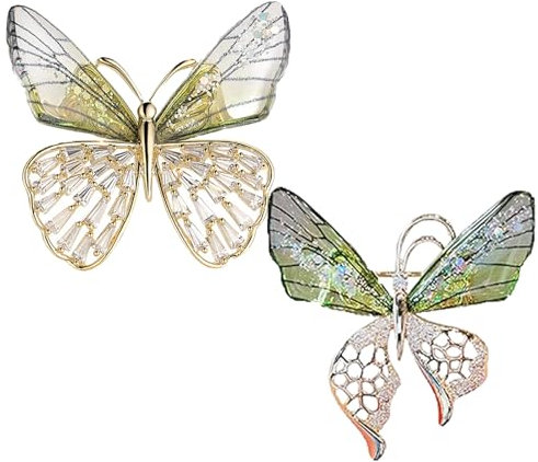 Schmetterlings-Brosche für Damen, Kristall-Broschen, klein, Vintage-Stil, Kleidungsdekoration, Schalclip, Revers, Sicherheitsnadel, Blumenstrauß für Hut, Anzug, Krawatte, Hochzeit, 2 Stück (Grün)