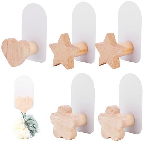 ALLOMN Coat Hooks Kids Wooden Hooks, 6Pcs Cute Shape Design Children's Coat Hooks Wall Mounted Self Adhesive Door Hook Wood Wall Hook for Clothes Scarf Towel Hat Bag Key Backpack (Heart)