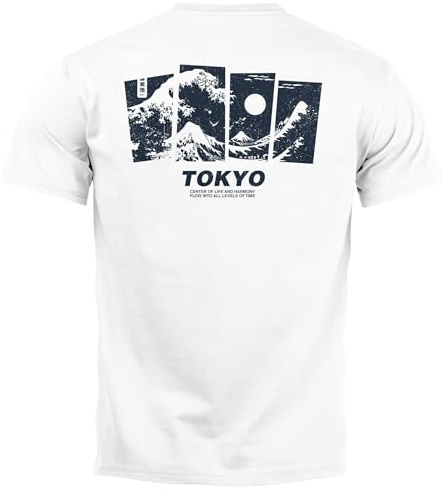 Neverless® Herren T-Shirt Backprint Japan Tokyo Große Welle Kanagawa Japanische Kunst Männer Fashion Streetstyle Weiss 3XL