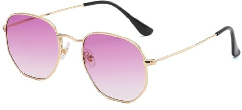 RUNHUIS Lunettes de soleil rétro polygone pour homme et femme - Lunettes carrées tendance - Cadre en métal ultra léger, Or/violet