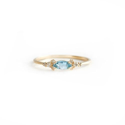 KnBoB Gold Ringe Frauen 14K, Gelbgold 585 Ring Zart Blau Marquise Aquamarin mit Moissanit Stein Ringe Modeschmuck Größe 60 (19.1)