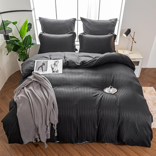 Amolavet Bettwäsche 200x200 3 teilig Set Hotel Streifen Schwarz mit Reißverschluss für Doppelbett Hotel Bettwäsche 200x200 Mako Satin Damast Streifen Mikrofaser für Ganzjährig Warm Weich Bügelfreie