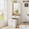 Gurexl Small Dressing Table with Mirror and Lights, White Compact Makeup Vanity Set with Wheels & Charging Station,Modern Glass Top Dressing Table with Jewelry Cabinet & Hidden Storage Stool