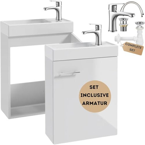 .Deftrans Bad Unterschrank Waschbecken Weiß – 50 x 70 x 21,3 cm, Badezimmer Set mit Waschtisch und Armatur, Hängeschrank, modernes Badmöbel, Waschbecken Armaturen, schmaler Badezimmerschrank