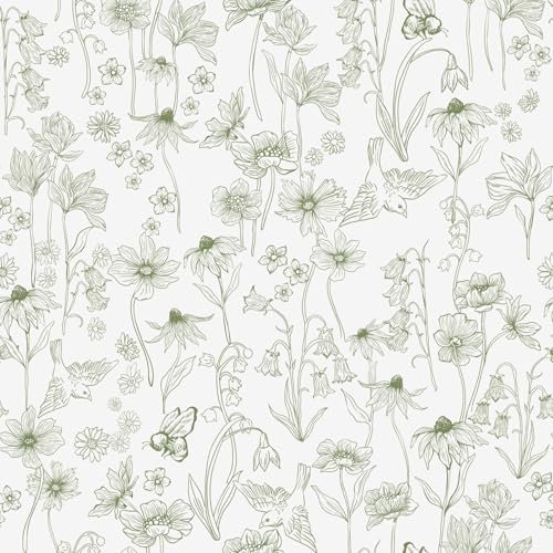Fiula Selbstklebende Tapete Klebefolie Möbel44x1000CM Möbelfolie Selbstklebend Blumen Grün und Weiß Blumentapete Dekorfolie Vintage Vögel Wasserdicht Wohnzimmer Schlafzimmer Küche Wallpaper