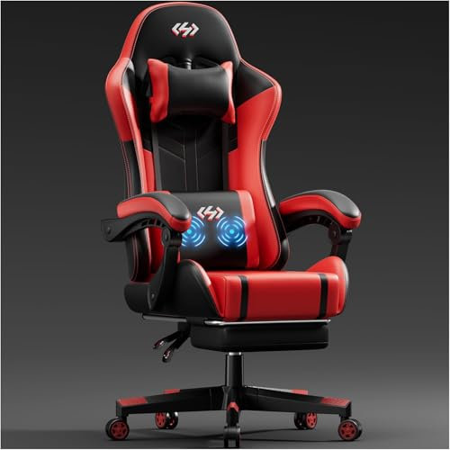 Precision Synergie Gaming Chair, Computer Chair for Adults with Footrest Headrest and Massage Lumbar Support Height Adjustable Gaming Chair 360° Swivel Seat for Home or Gaming (Red)
