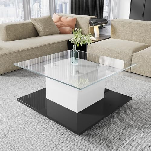 boorbin Mesa de centro de cristal de alto brillo, mesa de cristal templado móvil con ruedas giratorias para oficina, salón, mobiliario, recepción