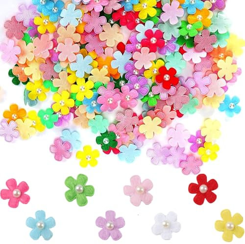 Canollo 100 Stück Filzblumen Deko, Streudeko Frühling mit Perlen, Bunte Sticker Blumen, Filzblumen Deko Zzubehör, 2,5cm Kunst Stoffblumen Filz Blumen, Steckblumen für Kinder DIY Deko Projekte