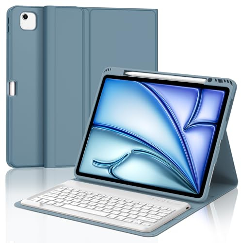 IVEOPPE Teclado para iPad Air 13 Pulgadas M4 2026/M3 2025/M2 2024, Funda Cover Teclado Español Ñ Bluetooth Desmontable para iPad Air 13 M4 2026/M3 2025/M2 2024, Azul Gris