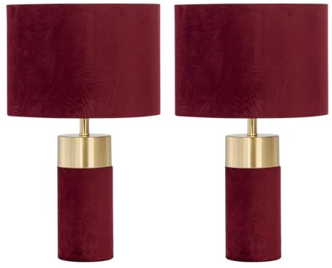 firstchoicelighting Set of 2 Burgundy Velvet with Brass Detail Table Lamps