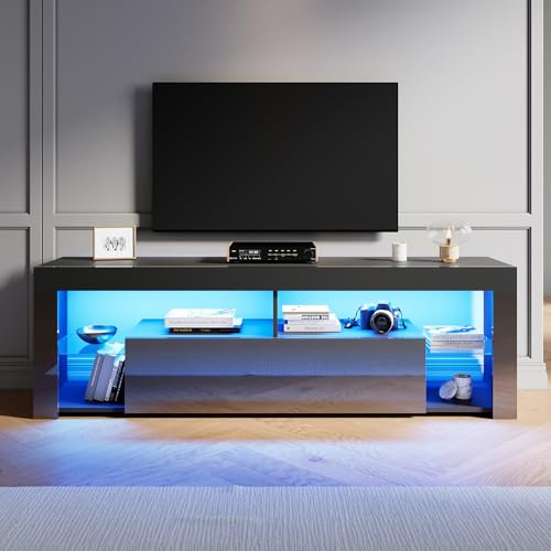SONNI Mueble TV con Luz LED Ajustable de 12 Colores Sálon Negro con Mando a Distancia, Mesa TV Madera con Estantes Cristal 160x35x50.5cm
