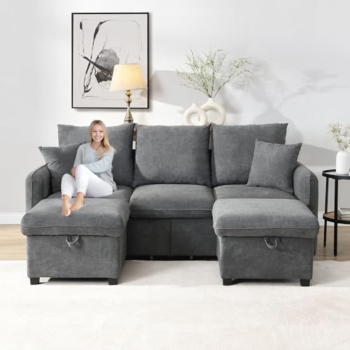 Multifunktionale Ecksofa U-Form-Dreisitzer Polster-Sofa mit Staufunktion – Inklusive Schubladen + Hocker mit Staufach, modular zerlegbares Sofa-Set mit Schlaffunktion, Chenille-Bezug (Grau)