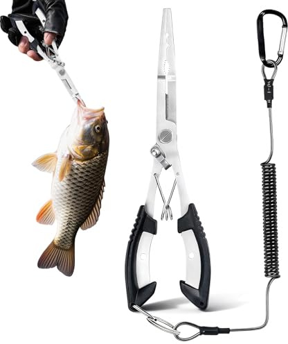 xolear Stainless Steel Fishing Pliers for Fishing, Pince Peche avec Verrouillage de Sécurité, Bec Long Pince de Pêche Multifonction avec Dragonne, Retire Hameçons Coupe Ligne, Idéal pour la Pêche