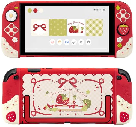 GeekShare Soft Silikon Schutzhülle für Switch 2(2025), Trennbare Schutzhülle, Kratzfeste Switch 2 Hülle, mit 2 Daumen Griffkappen (Sahne-Erdbeere (Rot))