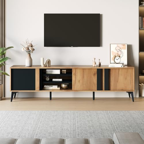 Merax Mueble de TV de 180 cm, color marrón rústico, mueble de TV con espacio de almacenamiento, TV de hasta 80 pulgadas, 3 puertas y 4 estantes abiertos para muebles de salón