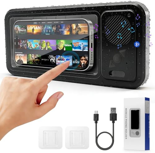 Supporto per telefono da doccia impermeabile con Bluetooth, IPX8, ventosa/montaggio a parete girevole a 360°, altoparlante da 5,3 pollici integrato per bagno/cucina/piscina, per iPhone 16/15/14