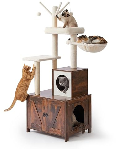 Relaxdays Kratzbaum mit Katzenkloschrank, HBT: 150 x 60 x 49 cm, Sisalstämme & Liegemulde, Industrial, Dunkelbraun/weiß
