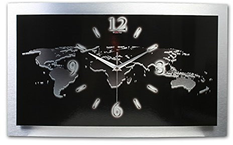 Kreative Feder Designer Wanduhr „Weltkarte“ - leise Funkuhr Größe 50x30cm silbern-schwarz in modernem Design WAA011FL