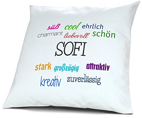 digital print Kopfkissen mit Namen Sofi - Motiv Positive Eigenschaften, 40 cm, 100% Baumwolle, Kuschelkissen, Liebeskissen, Namenskissen, Geschenkidee, Deko