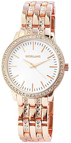 Excellanc Damen-Uhr Gliederarmband Metall Strass Faltschließe Analog Quarz 1800067 (roségoldfarbig weiß)