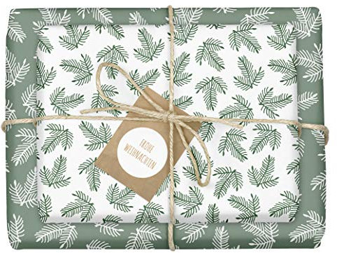4x Öko-Geschenkpapier Weihnachten: grün-weiße Tannenzweige | hochwertige, beidseitig bedruckte Bögen Weihnachtsgeschenkpapier | inkl. 4x Anhänger im Set | Recycling-Papier | edel, für Erwachsene