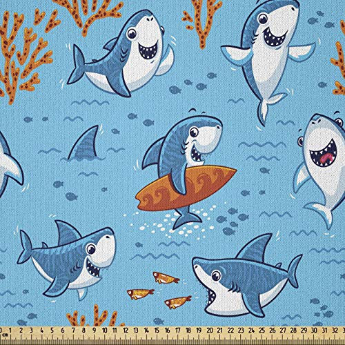 ABAKUHAUS Hai Microfaser Stoff als Meterware, Unterwasser-lustige Welt, Deko Basteln Polsterstoff Textilien, 2M (230x200cm), Orange Weiß Blau