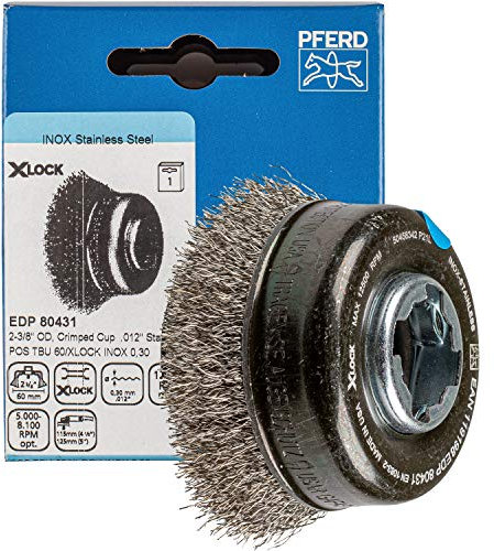 PFERD Topfbürste, ø 60mm, ungezopft, 0,30mm Edelstahldraht, X-LOCK-Aufnahme, 43468925 – für schnelle und komfortable Werkzeugwechsel