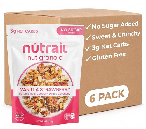 NuTrail Muesli à la vanille et à la fraise sans sucre ajouté, Keto, Low Carb, sans gluten, sans céréales, petit-déjeuner sain, 237 ml, lot de 6