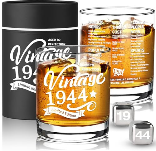 Old Fashioned Glasses-1944-Vintage 1944 Old Time Information 10.25oz Whiskey Rocks Glass -80th Birthday Aged to Perfection - 80 Years Old Gifts Bourbon Scotch Lowball Old Fashioned-1PACK