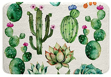 Kaktus Badteppiche rutschfest Badezimmerteppich Wasser Saugfähig Badematte 40x60cm Grün Boho Sukkulente Wohnkultur für Wanne Dusche Erwachsene Aquarell Botanik Badezimmer Wohnzimmer Badvorleger