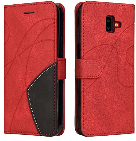 Samsung J6 Plus Case Geometric, Shockproof Wallet Case PU Leather with Card Holder Stand Magnetic Scratchproof Protect Folding Flip Phone Case for Samsung Galaxy J6 Plus Cover Women Men, Red