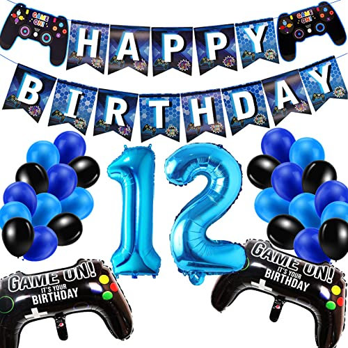 Geburtstagsdeko Jungen 12 Jahre, Gamer Deko Geburtstag, Happy Birthday Girlande Banner Deko Junge, Gamecontroller Luftballons Schwarz Blaue Ballons Set für Kinder Videospiel Thema Party Zubehör