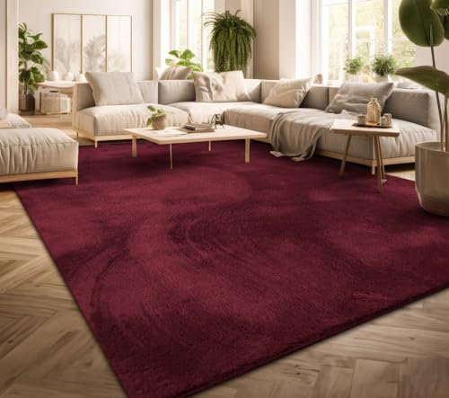 TT Home Wohnzimmer Teppich Kurzflor Anti-Rutsch Rückseite Unifarben Modern Waschbar, Farbe: Rot, Größe:80x300 cm