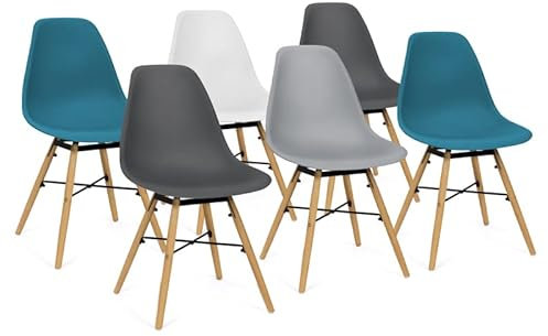 IDMarket - Lot de 6 chaises Sandra Mix Color Blanc, Gris Clair, Gris foncé x2, Bleu Canard x2