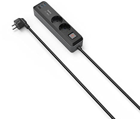 Hama 5in1 Steckdosenleiste mit USB 65W Ladegerät (2 Steckdosen, 1 USB-A, 2 USB-C, Laptop USB C Ladegerät 65W per USB ohne Netzteil Schnellladefunktion PD, Mehrfach-Steckleiste mit Schalter, 1,4m) grau