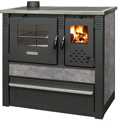 ProTermo Kaminofen Panonia Anthrazit mit Abzug Links - 10,54 kW Heizleistung - 90x51x85 cm Holzofen mit Backfach und Herdplatte [Energieeffizienzklasse A+] ohne selbstschließender Tür - Bauart 2