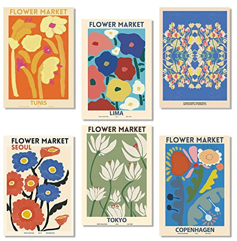 milaosk 6 Pezzi Eleganti Immagini di Fiori A4, Poster del Mercato dei Fiori Poster Vintage Stampe d'Arte Immagini da Parete del Soggiorno per la Decorazione della Stanza (Senza Cornice)