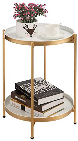 HollyHOME Table D'appoint Ronde Doré Métal Table Basse Bout de Canapé 2 Etages pour Salon Chambre Balcon Terrasse Jardin, Doré & Blanc