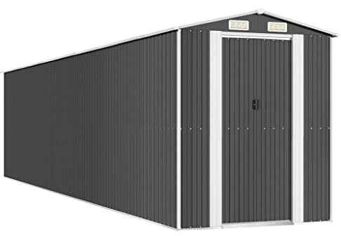 Geräteschrank Geräteschuppen Metall-Schrank Metall-Schuppen Garten-Schrank Metall Gerätehaus Gartenhaus mit Luftschlitzen & Schiebetür, Hellgrau 192x855x223 cm Verzinkter Stahl