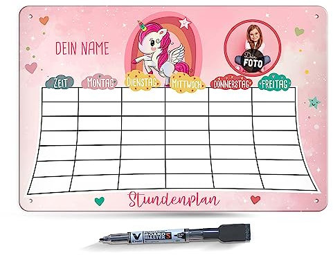 PR Print Royal Abwischbarer Stundenplan magnetisch inkl. Stift - Einhorn - mit Foto und Name personalisierbar - Einschulungsgeschenk - Geschenk zum Schulanfang - Metallschild A4 mit abwischbarem Stift