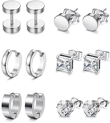 XOEMEL 6 Paar Ohrringe Set für Herren Hypoallergen Ohrstecker Chirurgenstahl Ohrstecker Schwarz Ohrringe für Mehrere Ohrlöcher Zirkonia Creolen Ohrstecker Set Tragus piercing Silber für Herren Damen