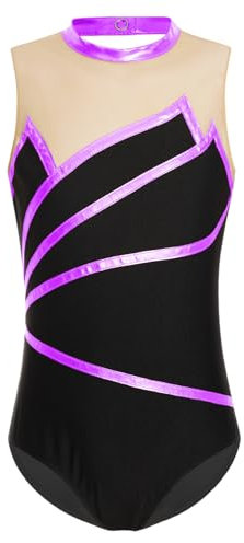 Agoky Mädchen Ärmellos Turnanzug Kinder Gymnastikanzug Streifen Tanzbody mit Mesh Spleiß Rollkragen Eiskunstlauf Anzug Klassisch Leotard Violett 134-140