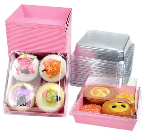 KITERI 50 Pcs Cake Slice Boxes with Clear Lids, 4.7'' Paper Charcuterie Box Oil-Proof Dessert Boxe Square Cookie Containers Takeaway Boxes Individual Cake Boxes for Portions Cupcakes,Pink