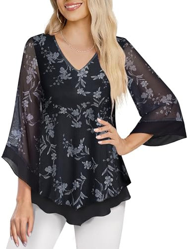 Datuhao Damenblusen 3/4 Arm Schwarz Elegante Tunika Damen Festlich Bluse A-Linie Tunika Verspielte Ausgefallene Blusen Damen Frühling Locker Damenoberteile Modern Leger Bluse Weite Ärmel Oberteil